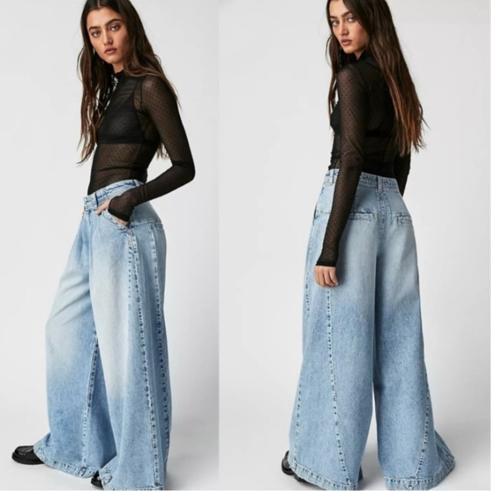Free People Equinox Denim Trousers Lake Life Blue 29 Wide Leg Jeans Slouchy - Picture 13 of 16
